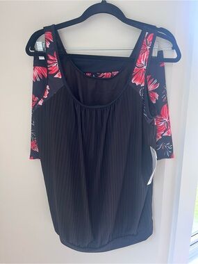 Brand-New Swimsuit Hanna Nikole Black Tank with Pink Floral Accents